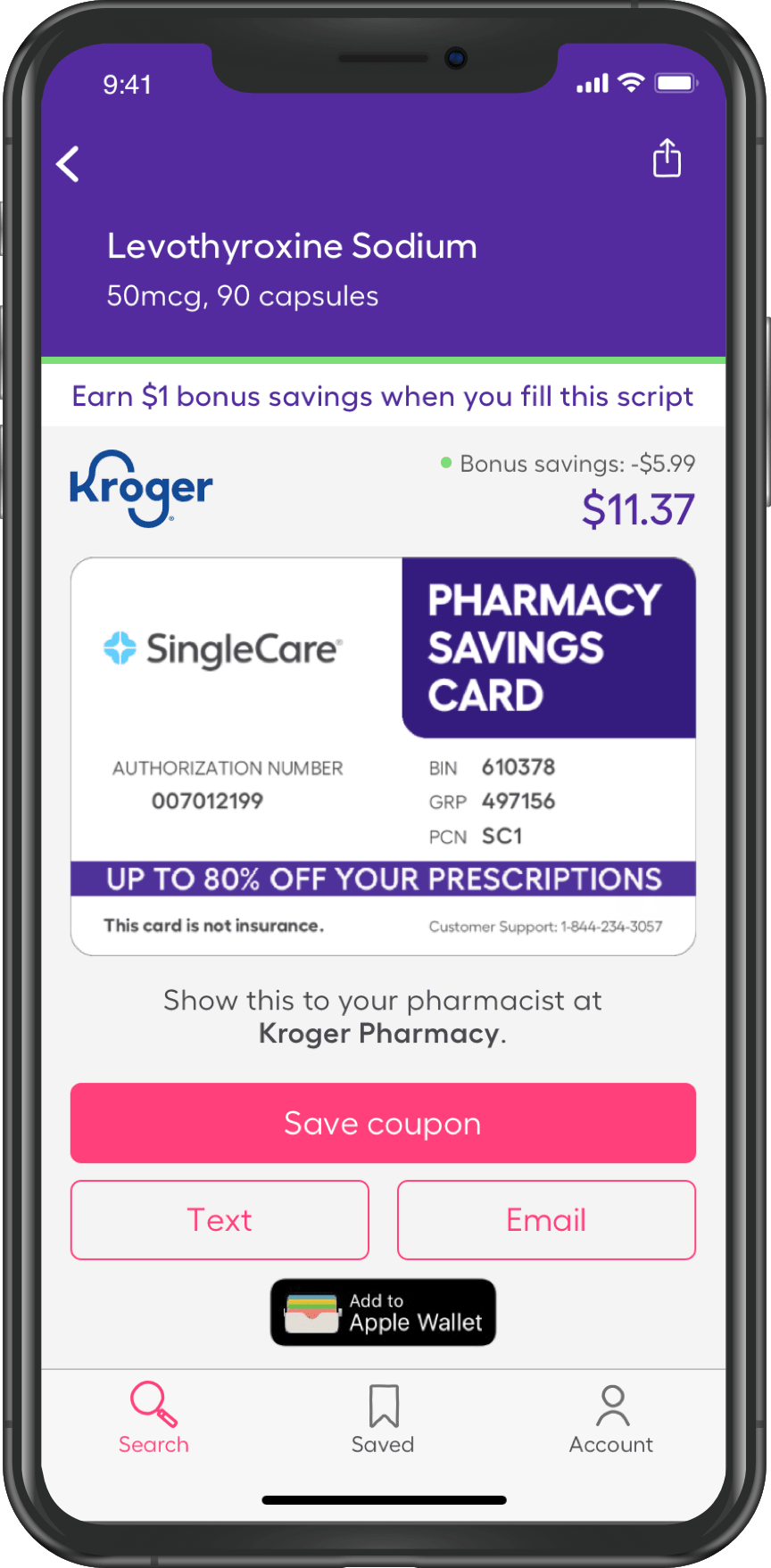 SingleCare prescription card on smartphone